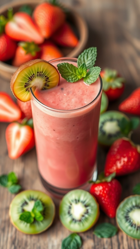 A refreshing strawberry kiwi smoothie in a glass, garnished with kiwi slice and mint, surrounded by fresh strawberries and kiwis.
